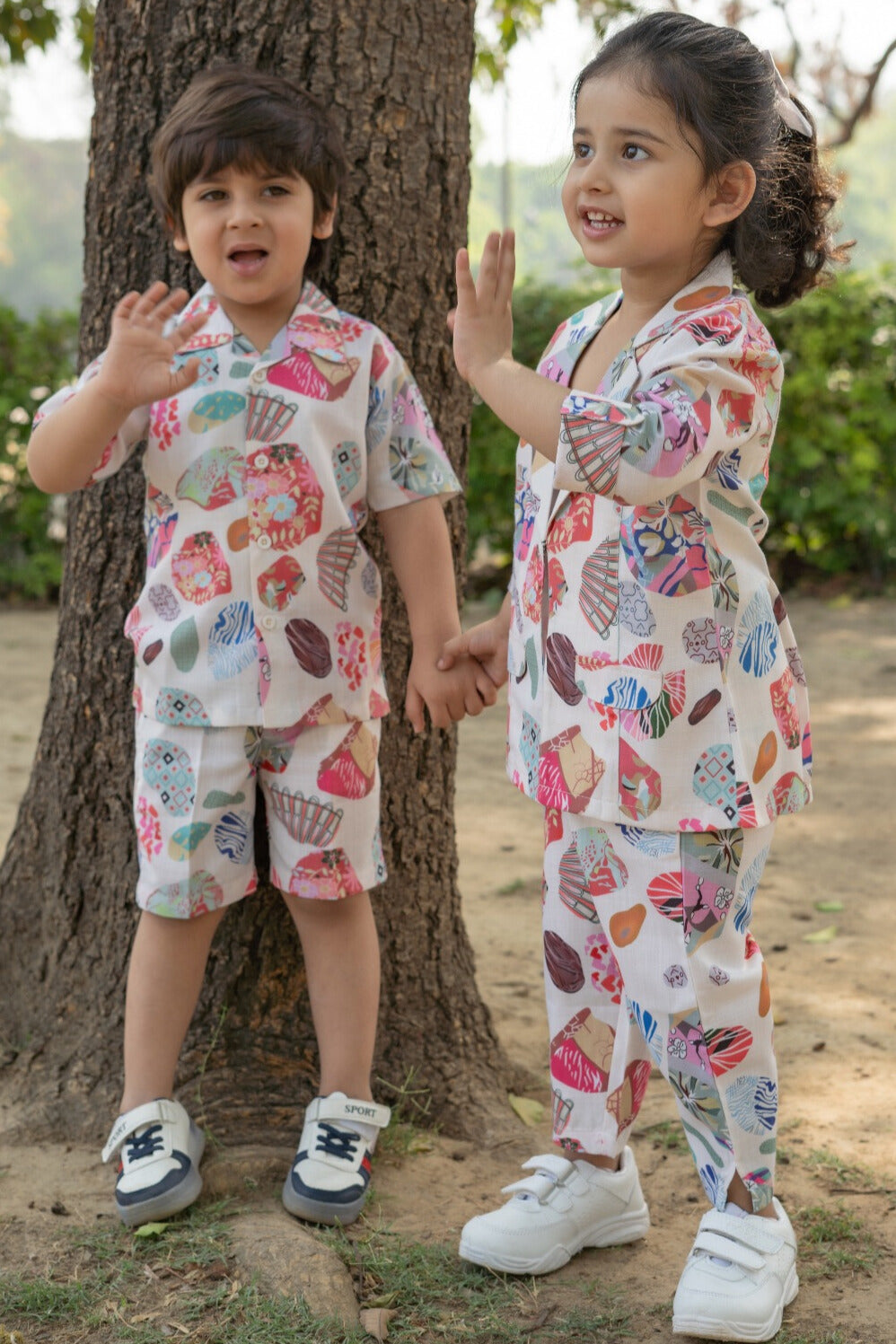 Boys Pure Cotton shirts with Shorts and Girls Crop Top With Trousers & Jacket Sibling Co Ords sets-Pink - AJ Dezines