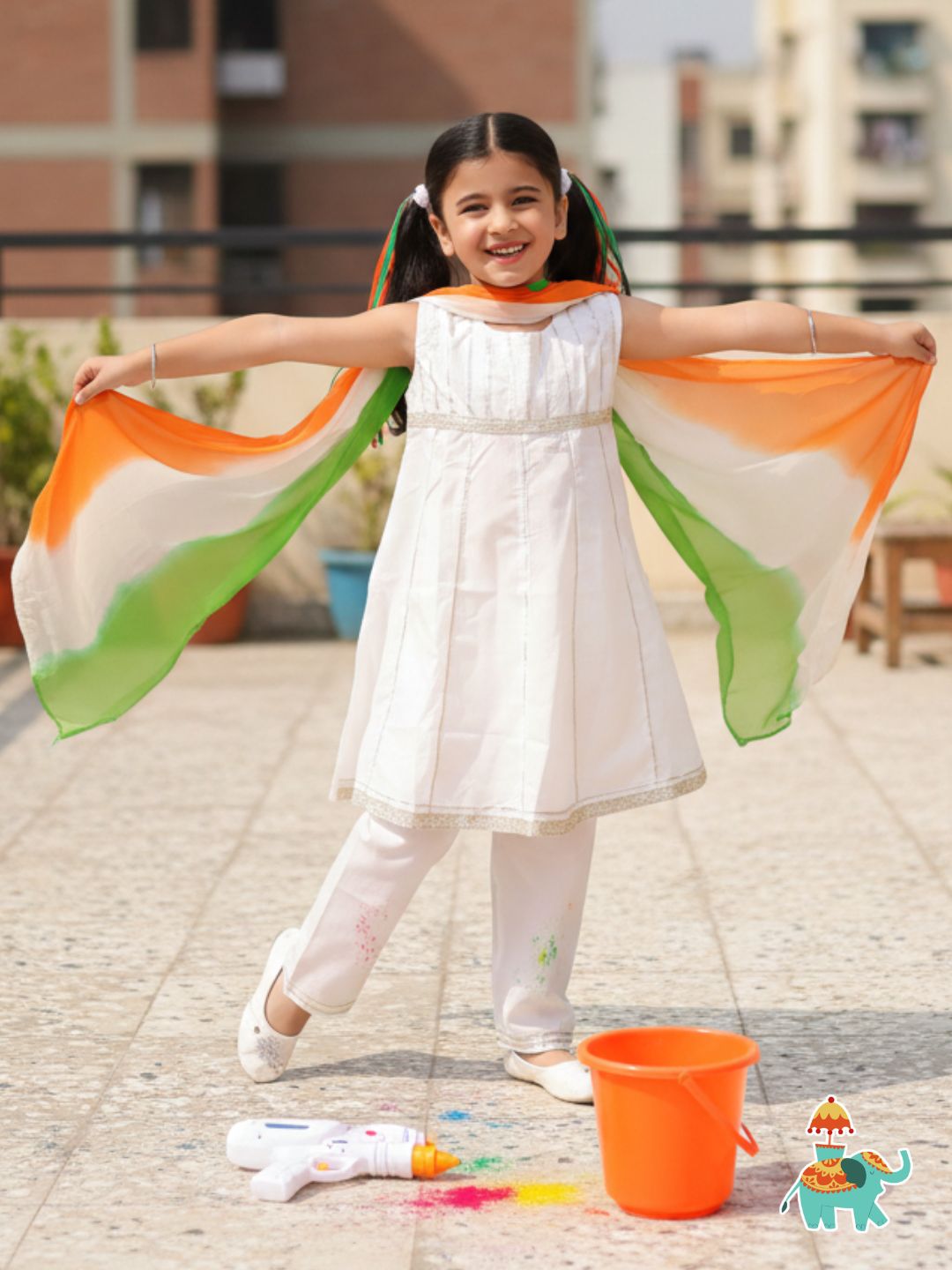 Holi White Cotton Sleeveless Gotta Work Girls Suit Set For Independence Day/ Republic Day - AJ Dezines