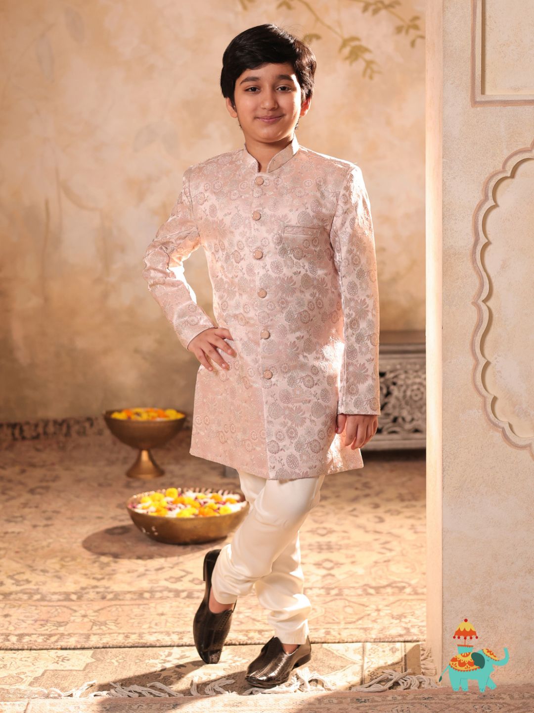 Pink Jacquard Full Sleeves Rich Floral Embroidery Sherwani