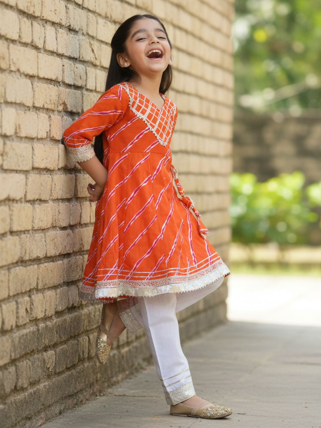Kids Girls Orange Embroidered Cotton Suit Set - AJ Dezines