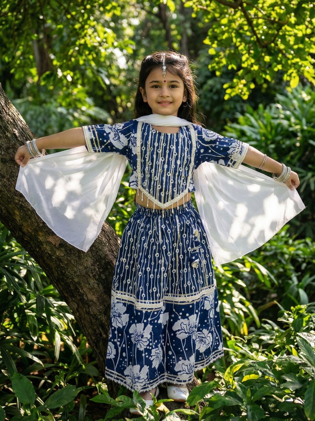 Girls Blue Cotton Half-Sleeves Floral Printed Lehenga Choli - AJ Dezines