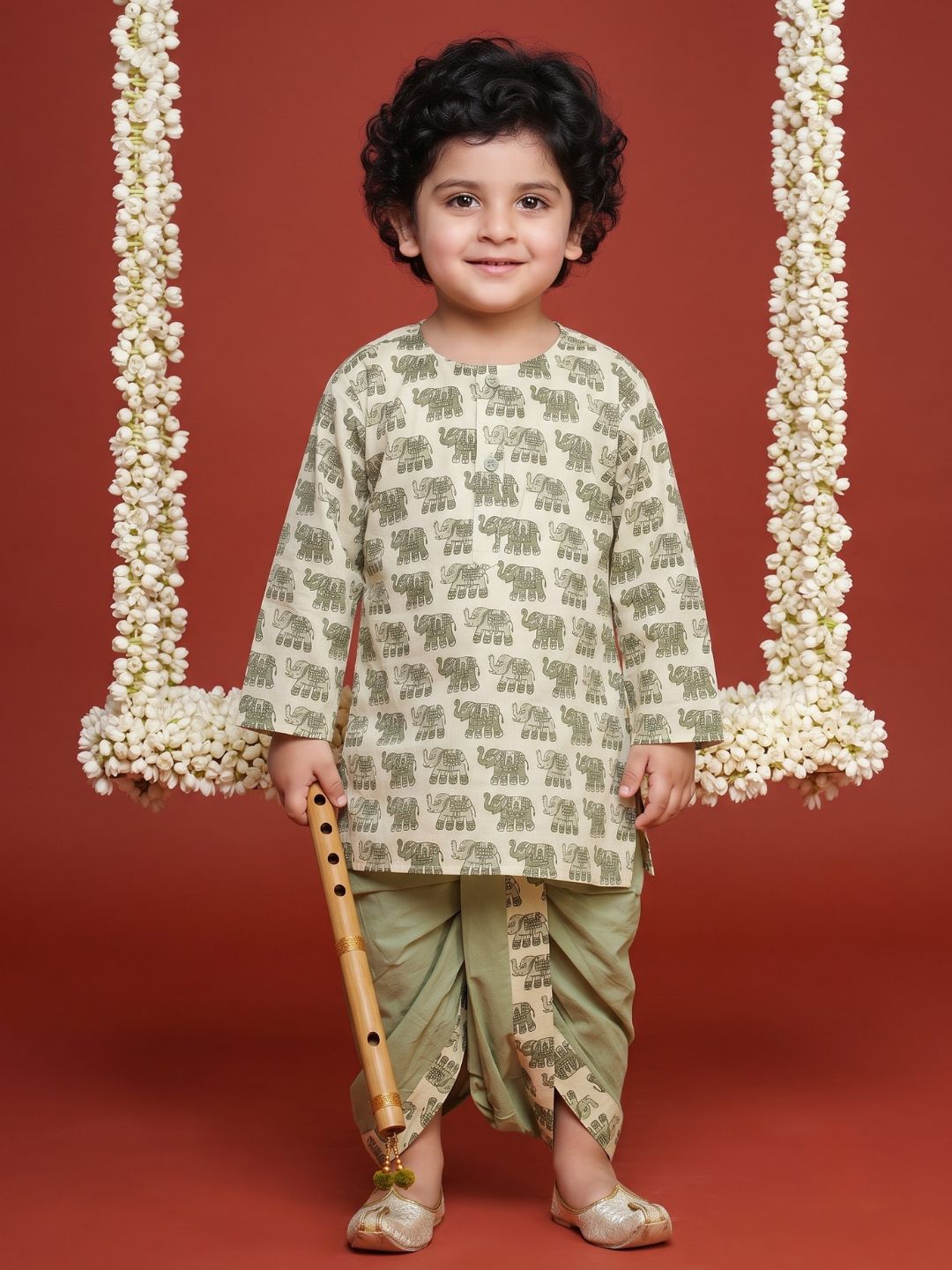 Kids Boys Green Animal Print Pure Cotton Dhoti Set