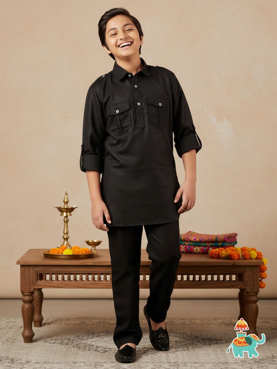 Boys Black Solid Cotton Blend Pathani Suit Set for Kids - AJ Dezines