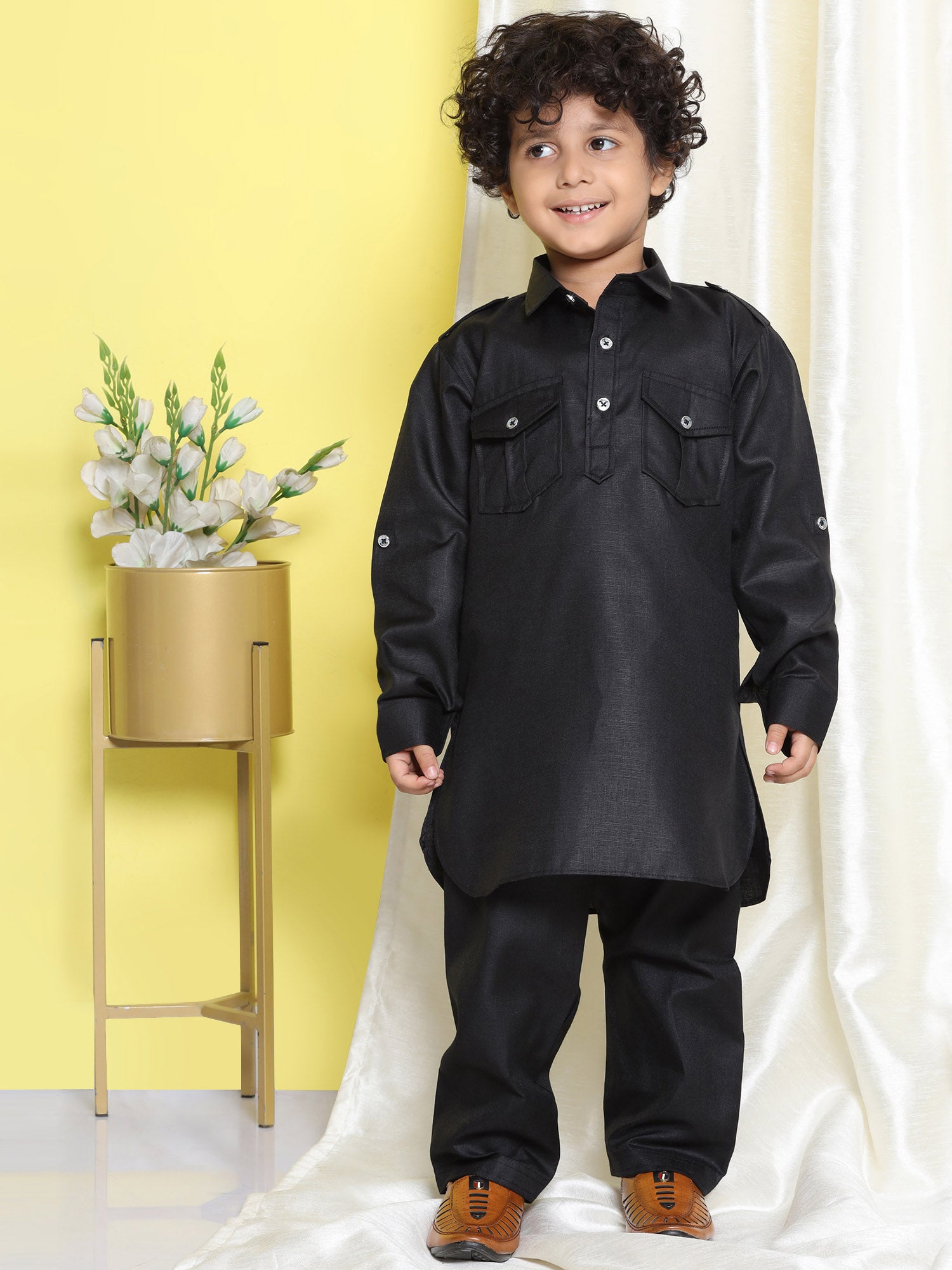 Boys Black Solid Cotton Blend Pathani Suit Set for Kids - AJ Dezines
