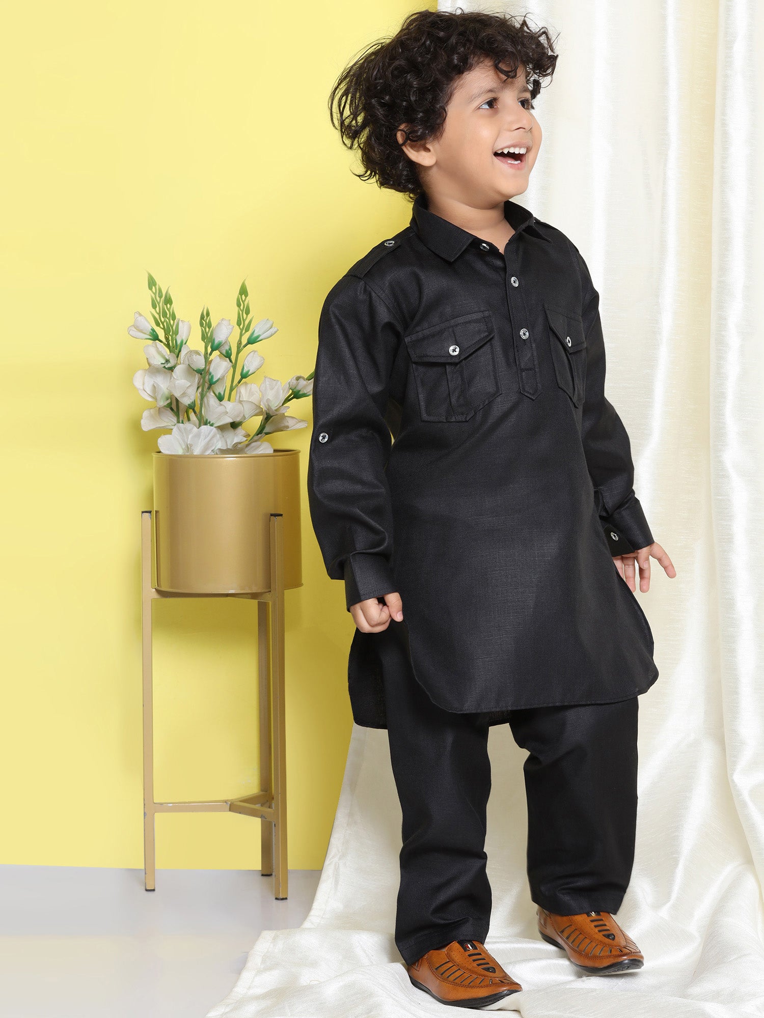 Boys Black Solid Cotton Blend Pathani Suit Set for Kids - AJ Dezines