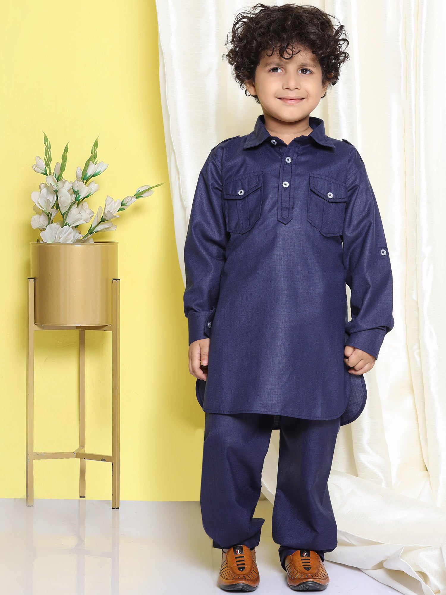 Boys Blue Solid Cotton Blend Pathani Suit Set for Kids - AJ Dezines