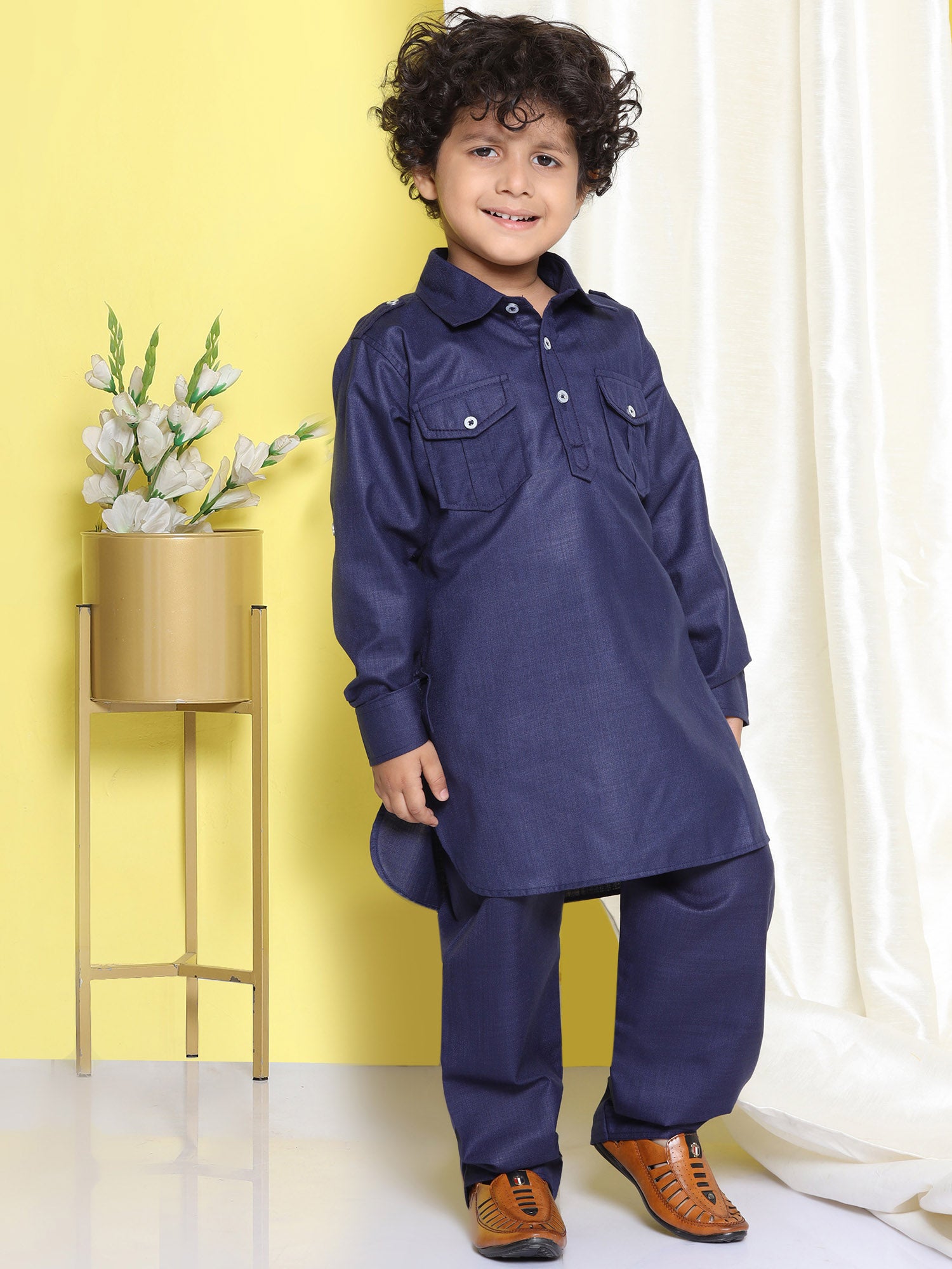 Boys Blue Solid Cotton Blend Pathani Suit Set for Kids - AJ Dezines