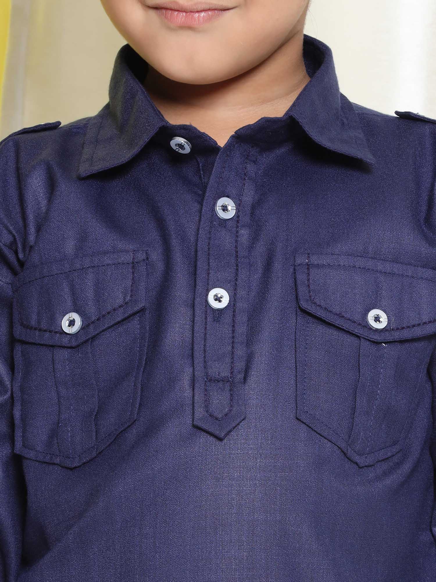 Boys Blue Solid Cotton Blend Pathani Suit Set for Kids - AJ Dezines