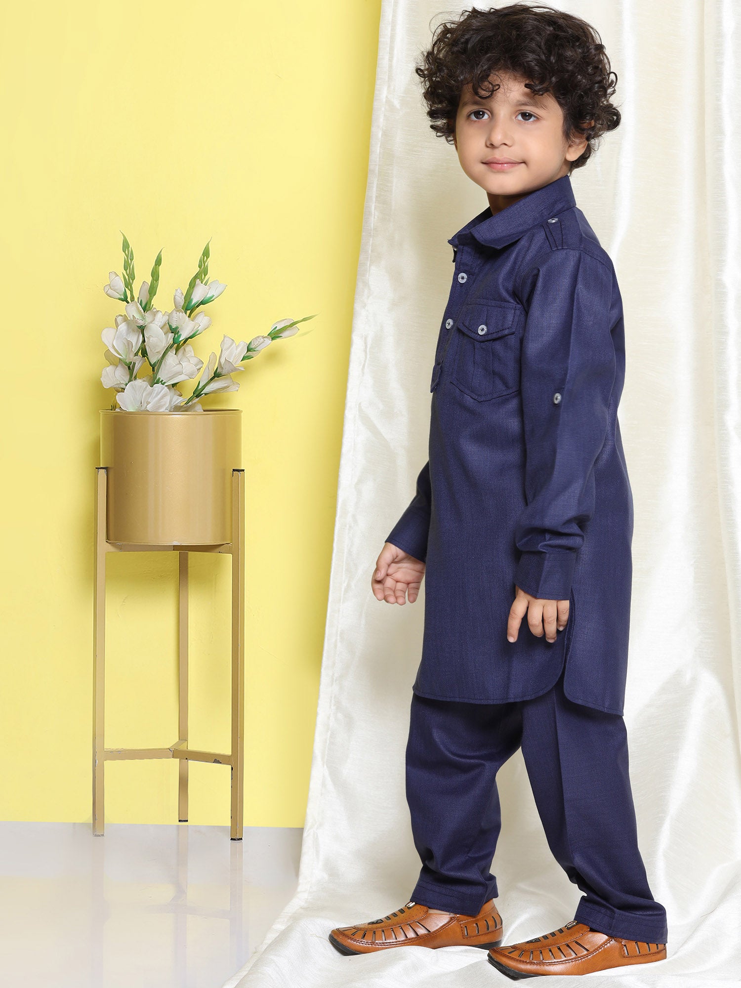 Boys Blue Solid Cotton Blend Pathani Suit Set for Kids - AJ Dezines