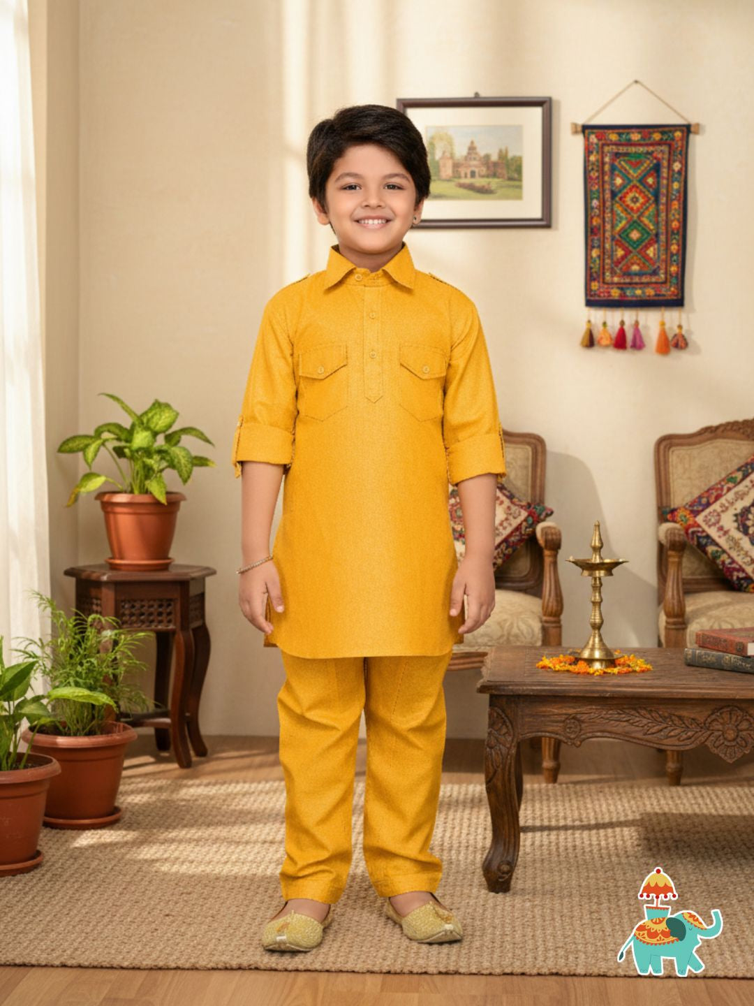 Boys Mustard Solid Cotton Blend Pathani Suit Set for Kids - AJ Dezines