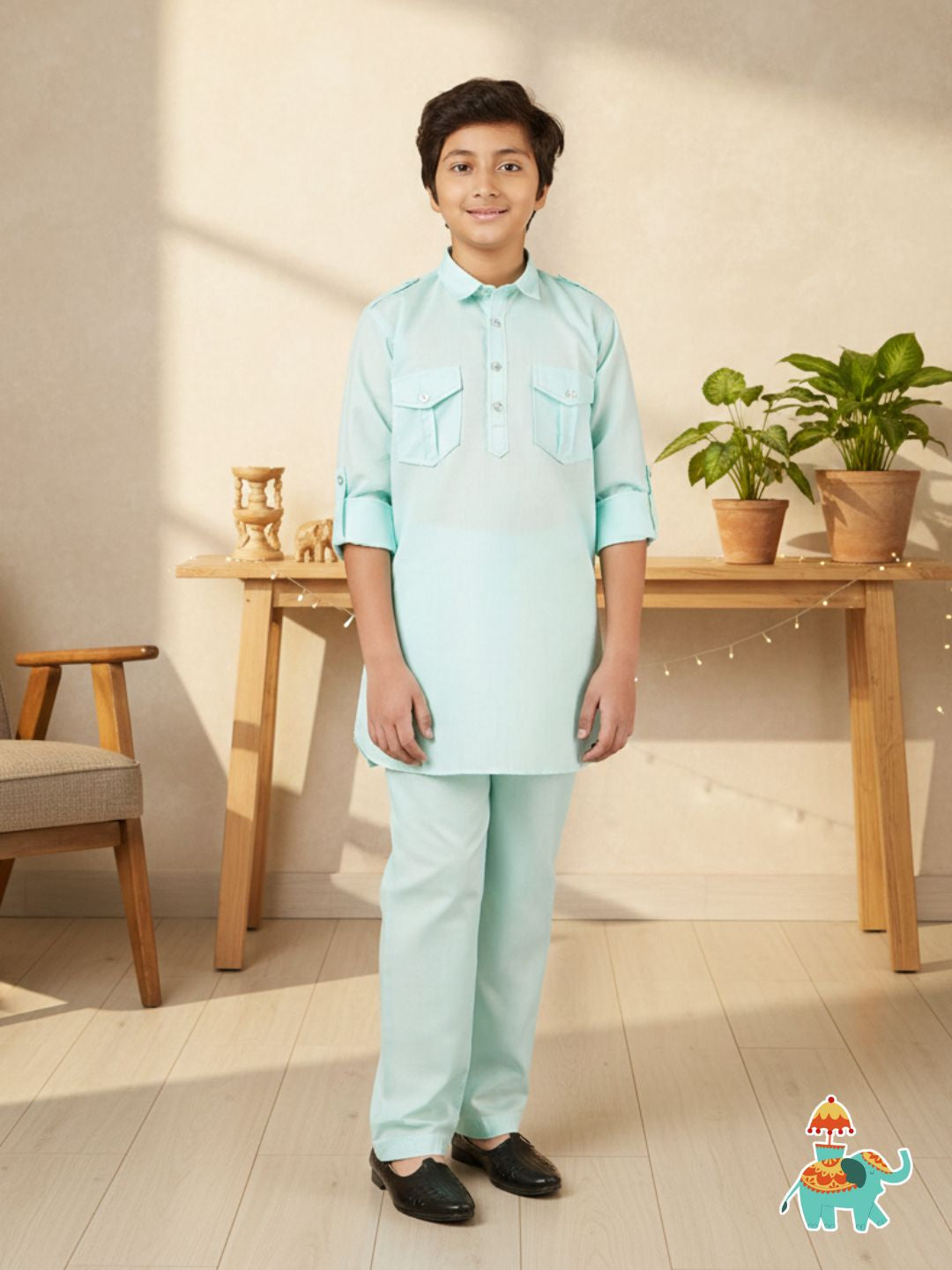 Boys Sky Blue Solid Cotton Blend Pathani Suit Set for Kids - AJ Dezines