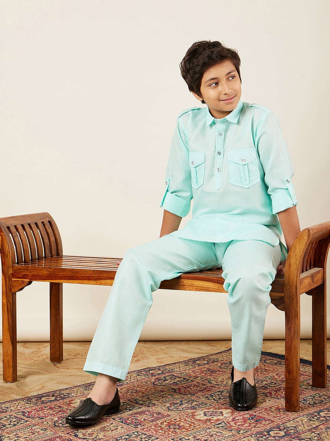 Boys Sky Blue Solid Cotton Blend Pathani Suit Set for Kids - AJ Dezines