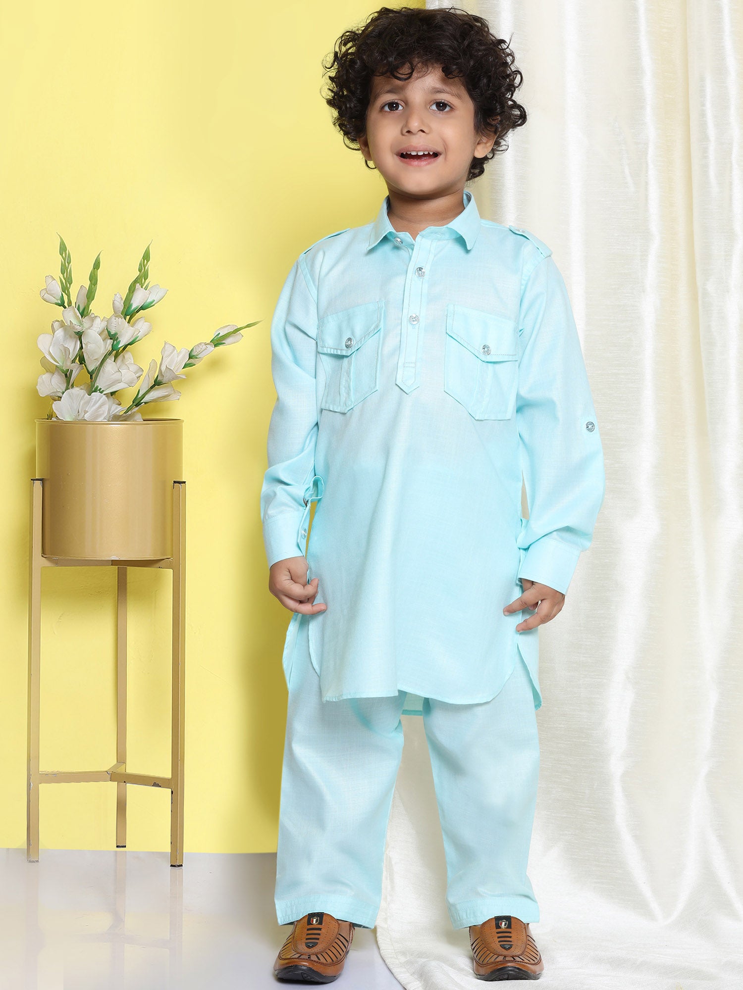 Boys Sky Blue Solid Cotton Blend Pathani Suit Set for Kids - AJ Dezines