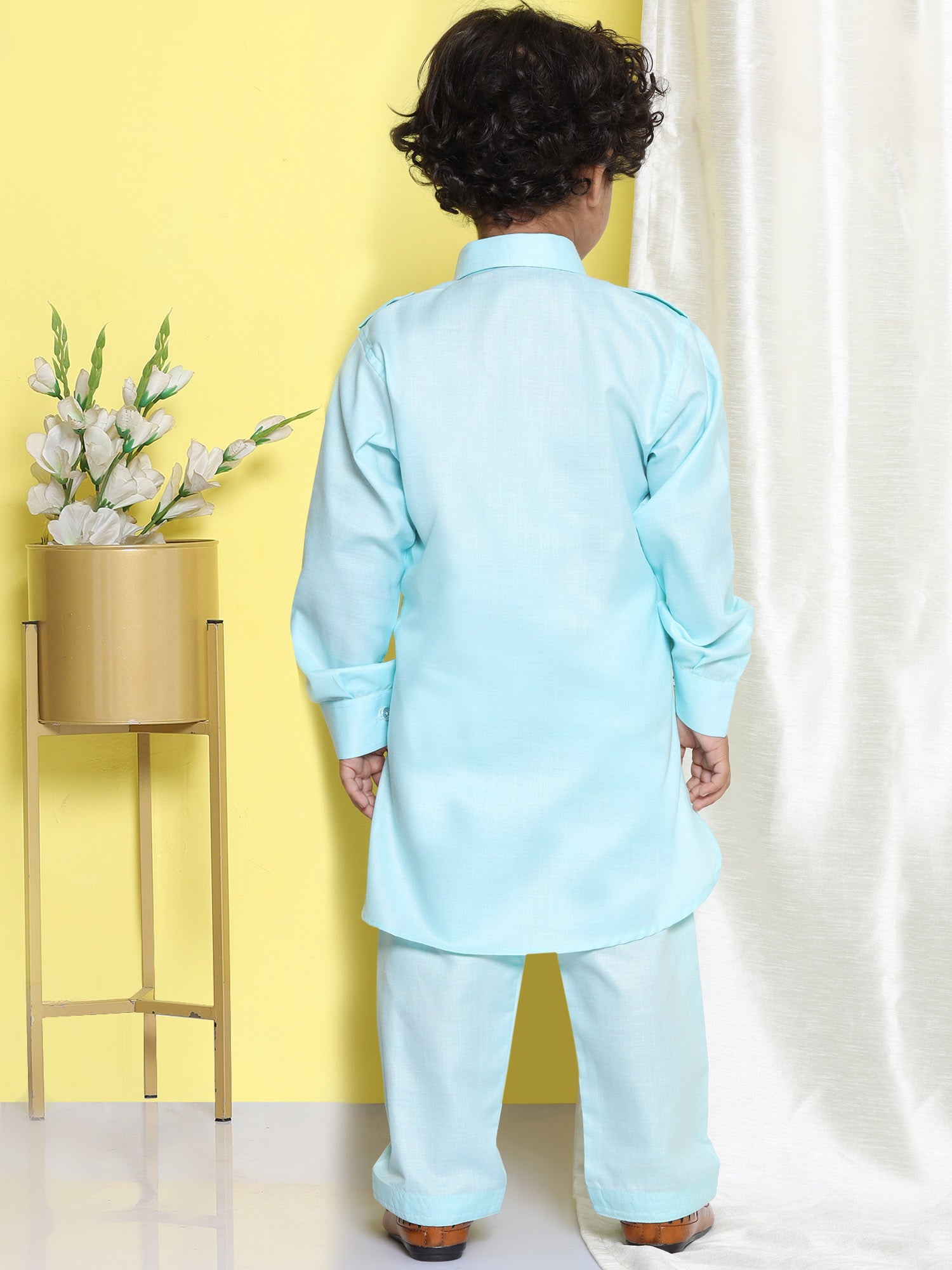 Boys Sky Blue Solid Cotton Blend Pathani Suit Set for Kids - AJ Dezines