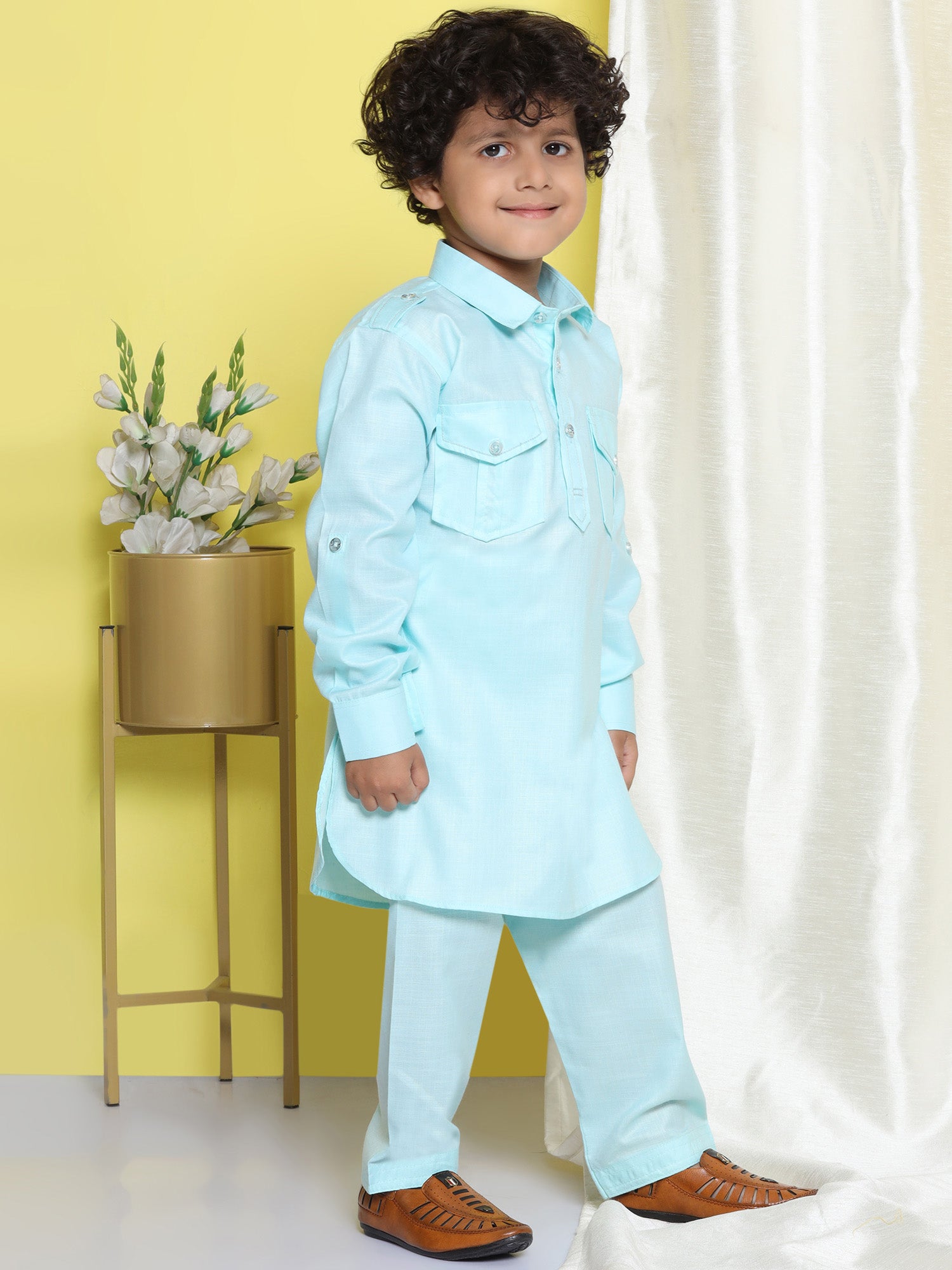 Boys Sky Blue Solid Cotton Blend Pathani Suit Set for Kids - AJ Dezines