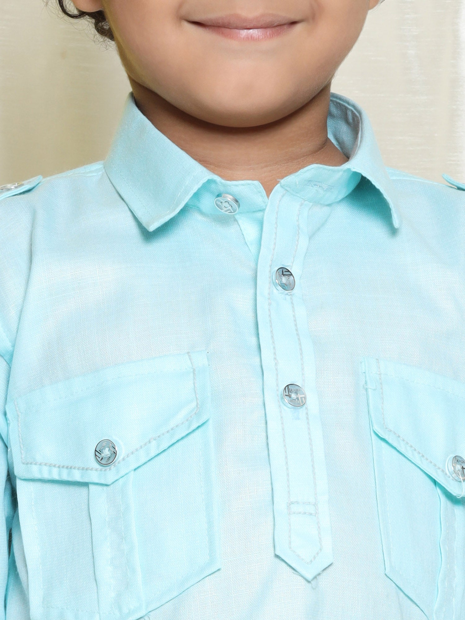 Boys Sky Blue Solid Cotton Blend Pathani Suit Set for Kids - AJ Dezines