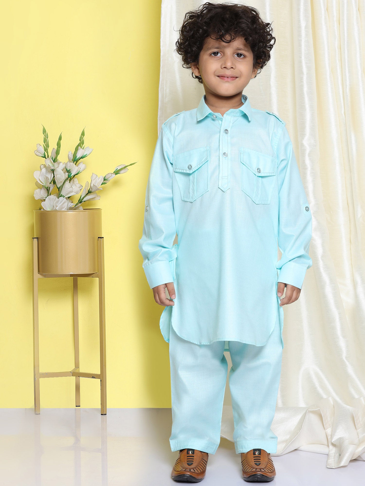 Boys Sky Blue Solid Cotton Blend Pathani Suit Set for Kids - AJ Dezines