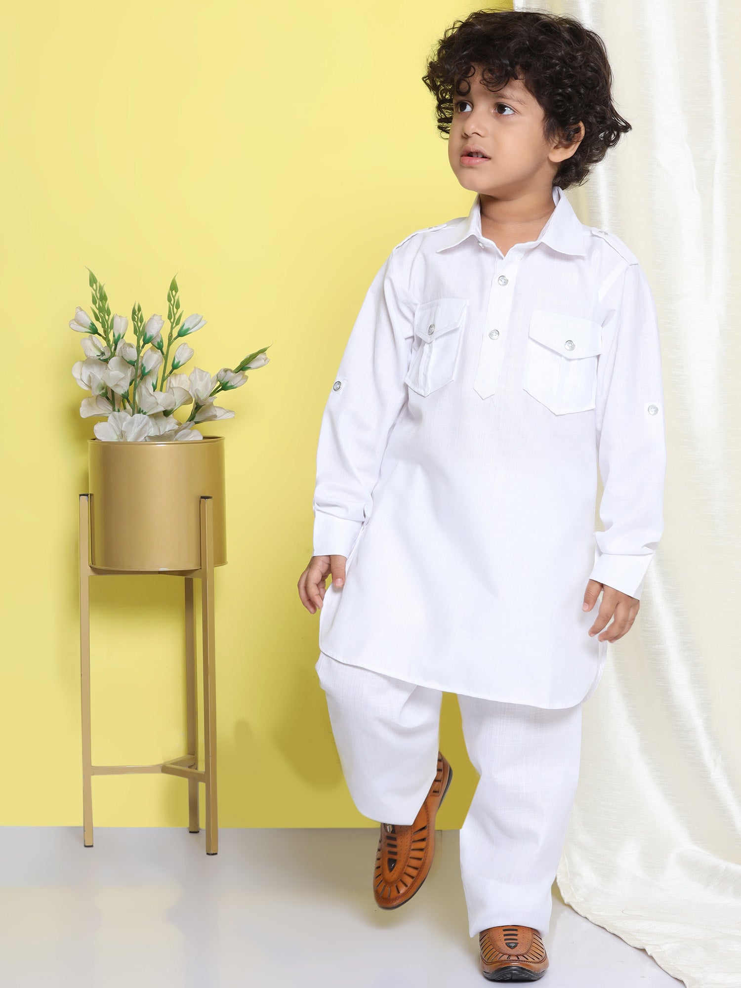 Holi Boys White Solid Cotton Blend Pathani Suit Set for Kids - AJ Dezines