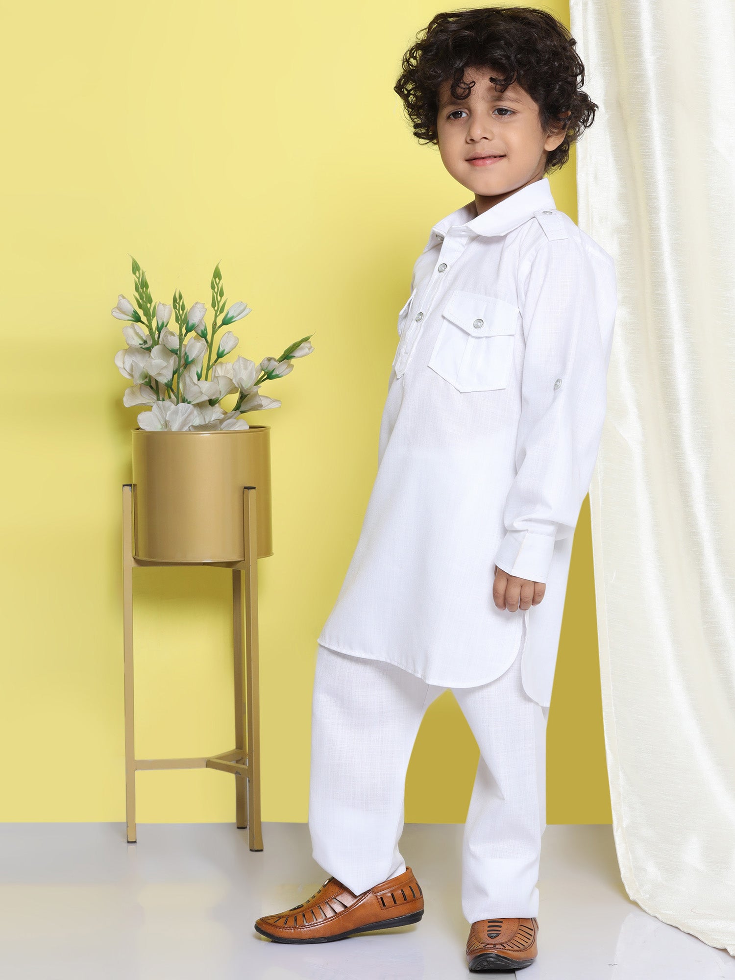 Holi Boys White Solid Cotton Blend Pathani Suit Set for Kids - AJ Dezines