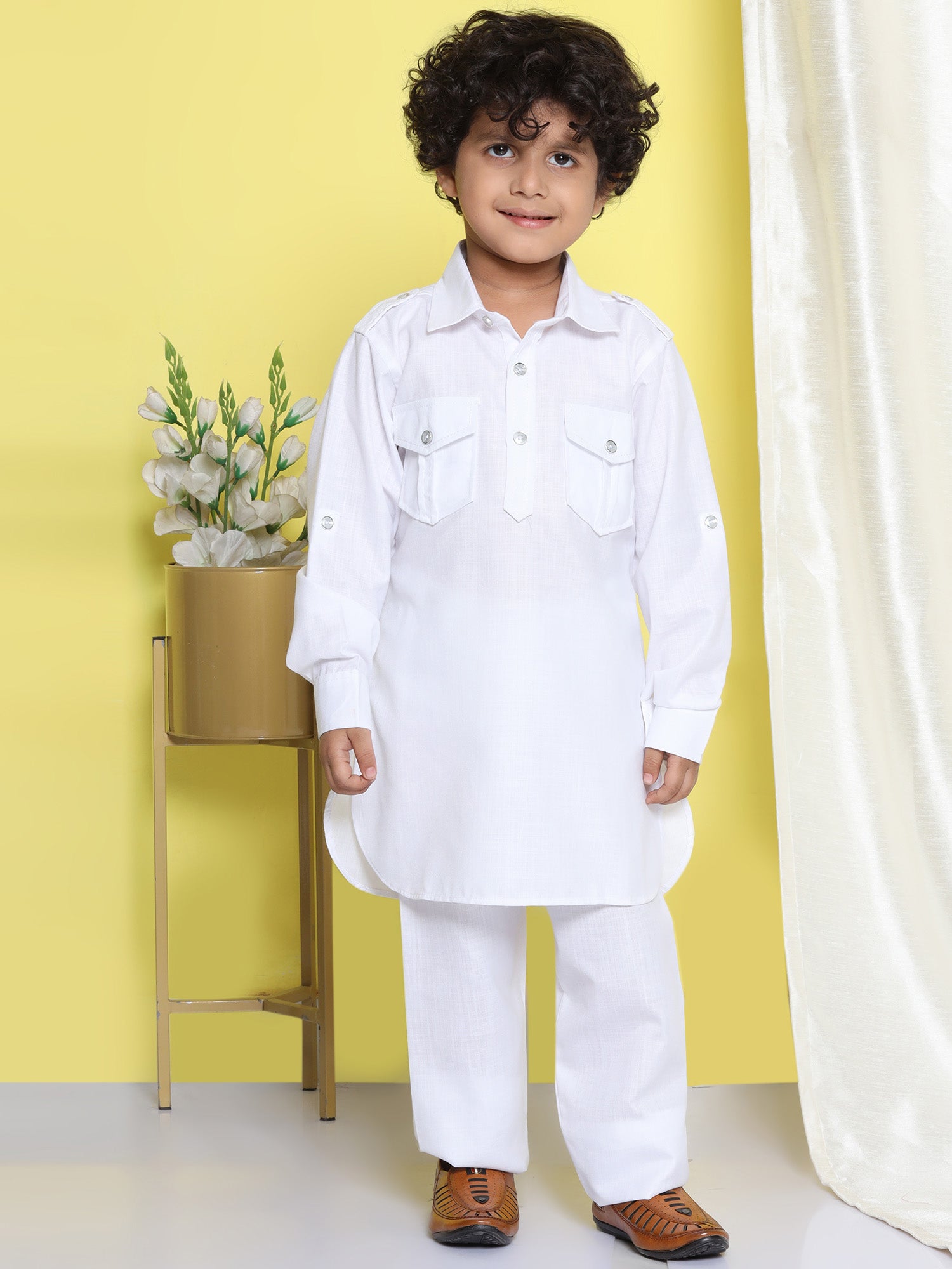 Holi Boys White Solid Cotton Blend Pathani Suit Set for Kids - AJ Dezines