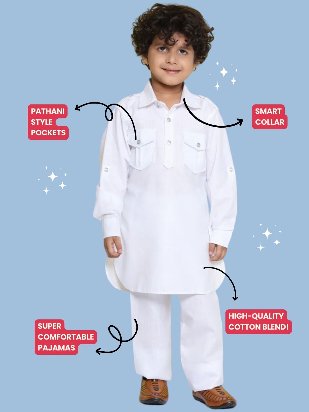 Holi Boys White Solid Cotton Blend Pathani Suit Set for Kids - AJ Dezines