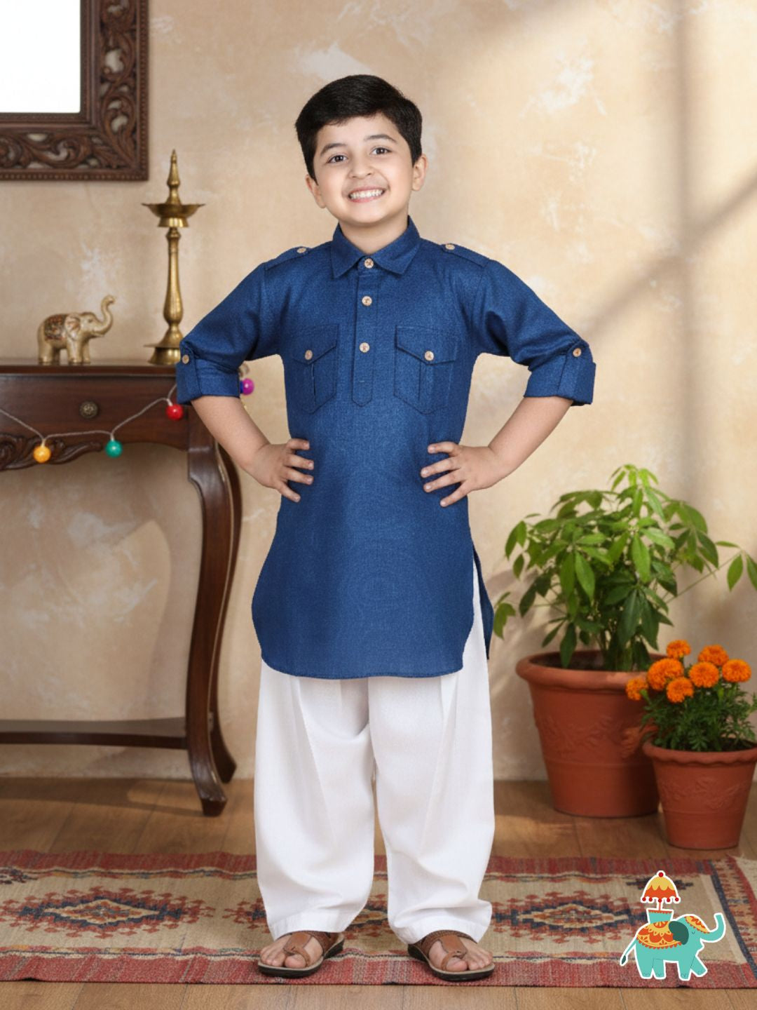 Boys Blue Solid Cotton Pathani Suit for Kids - AJ Dezines