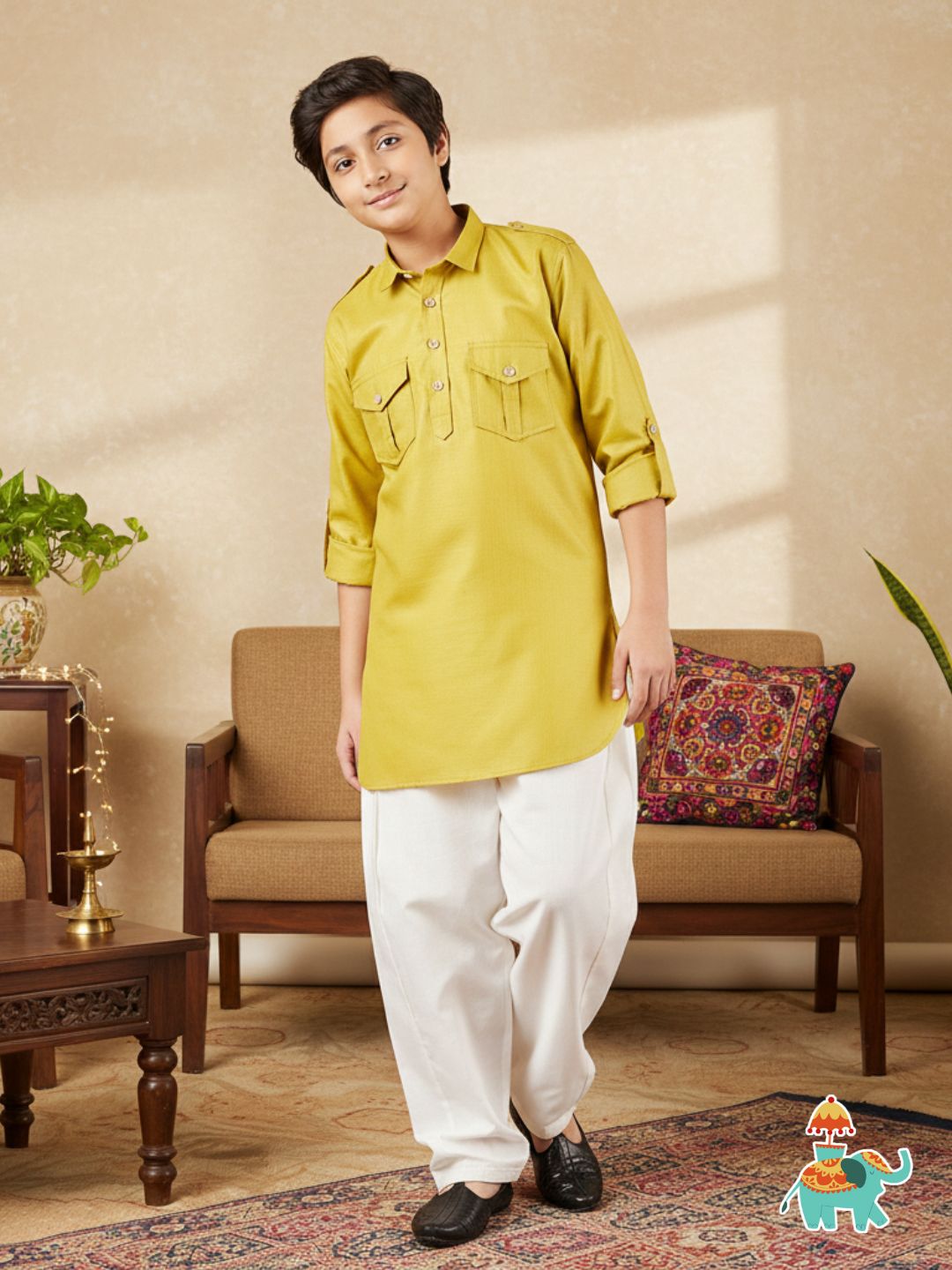 Boys Green Solid Cotton Pathani Suit for Kids - AJ Dezines
