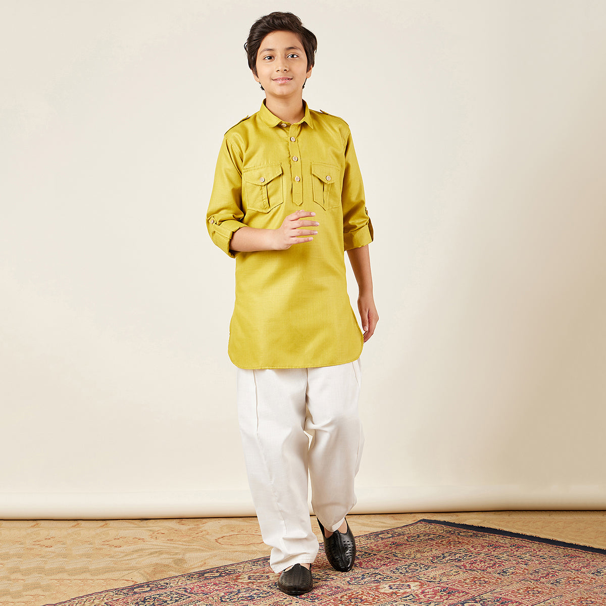 Boys Green Solid Cotton Pathani Suit for Kids - AJ Dezines
