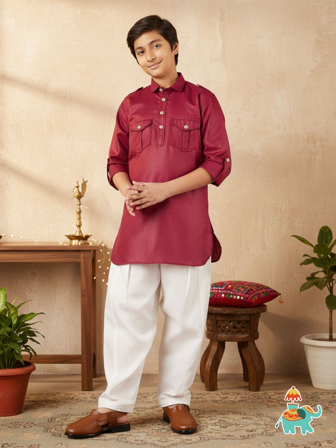 Boys Maroon Solid Cotton Pathani Suit for Kids - AJ Dezines