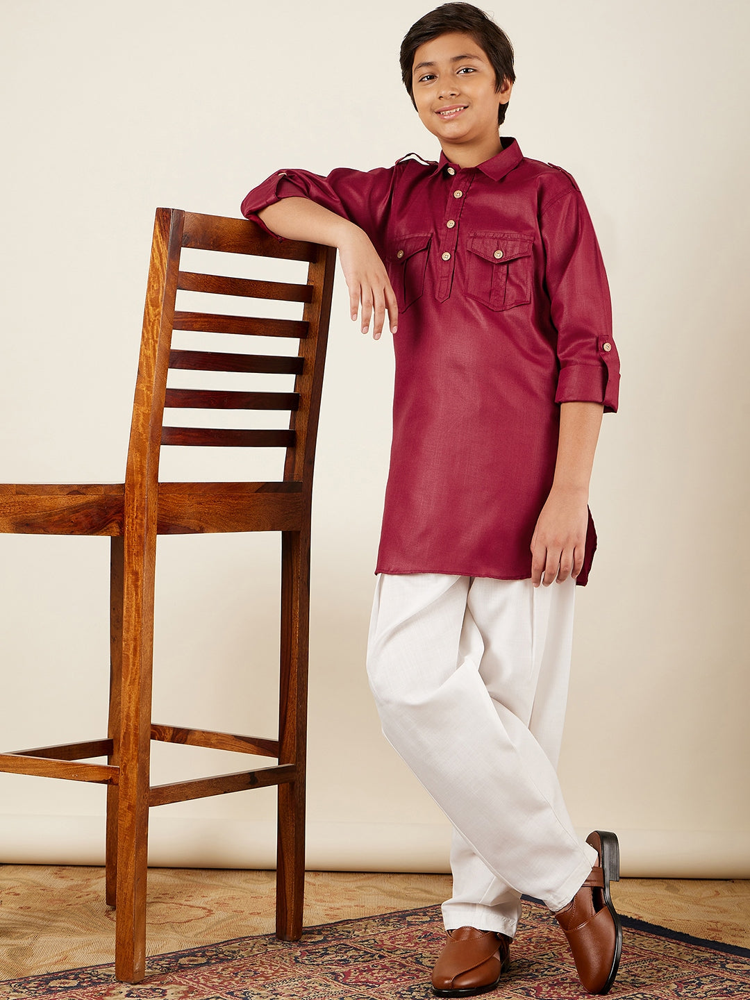 Boys Maroon Solid Cotton Pathani Suit for Kids - AJ Dezines