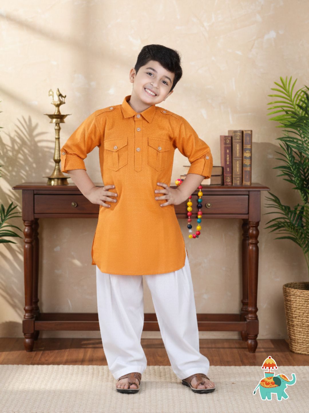 Boys Orange Solid Cotton Pathani Suit for Kids - AJ Dezines