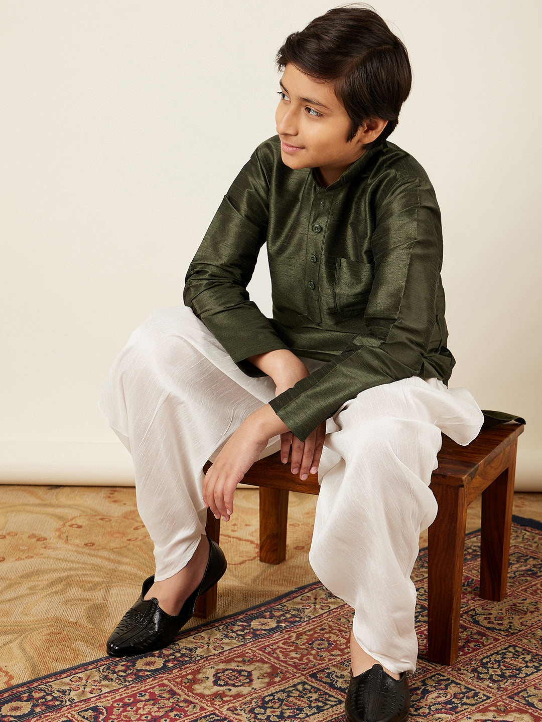 Kids Ethnic Wear Boys Green Silk Blend Kurta Pyjama Set - AJ Dezines