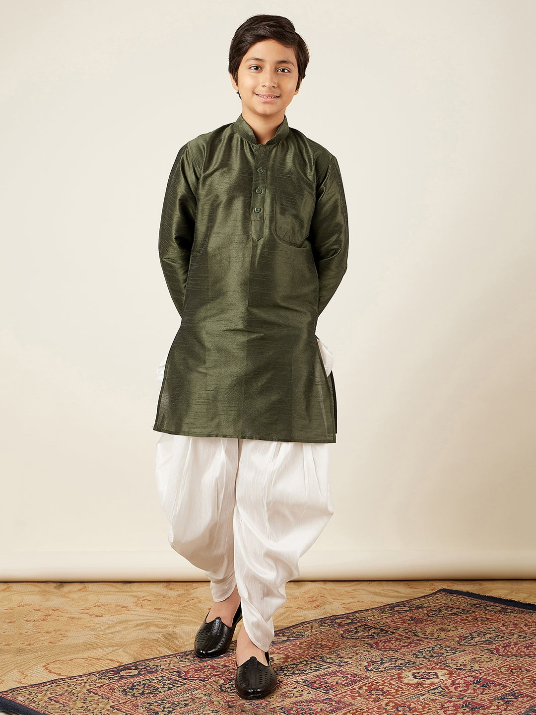Kids Ethnic Wear Boys Green Silk Blend Kurta Pyjama Set - AJ Dezines