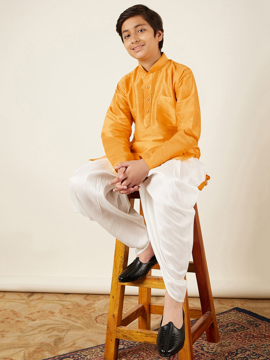 Kids Ethnic Wear Boys Yellow Silk Blend Kurta Pyjama Set - AJ Dezines
