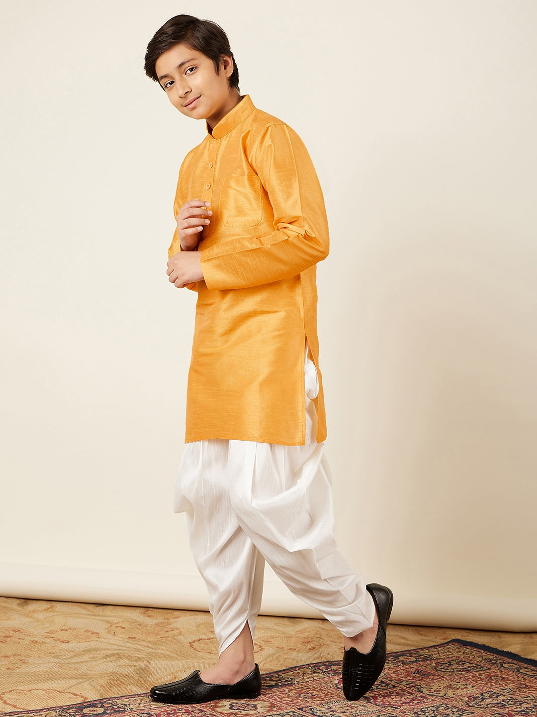Kids Ethnic Wear Boys Yellow Silk Blend Kurta Pyjama Set - AJ Dezines