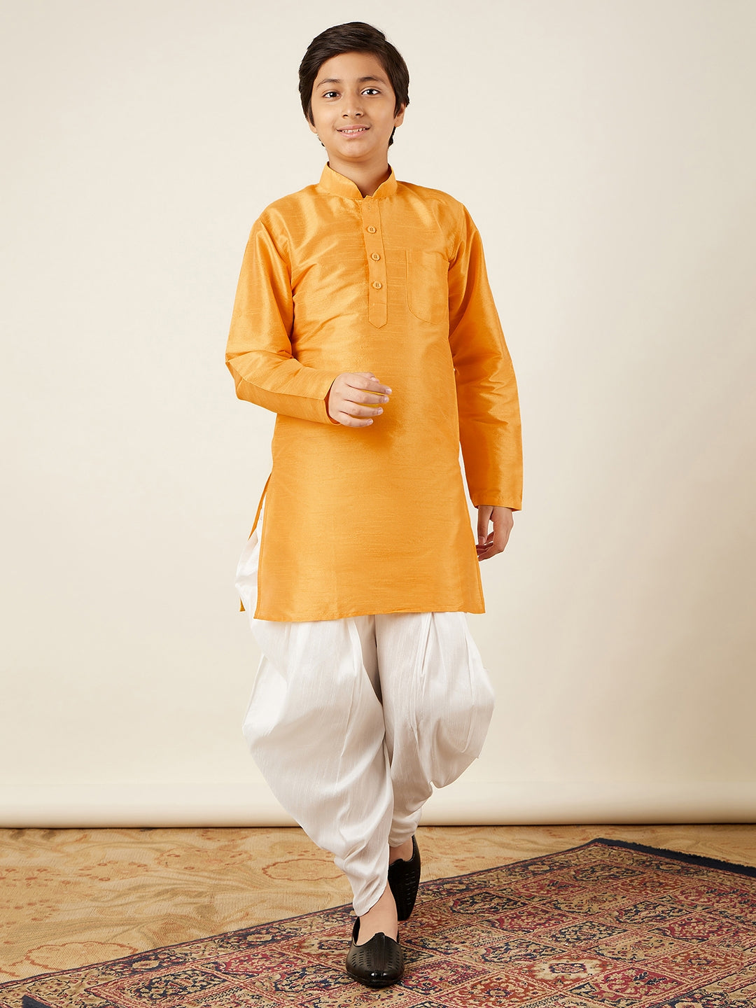 Kids Ethnic Wear Boys Yellow Silk Blend Kurta Pyjama Set - AJ Dezines