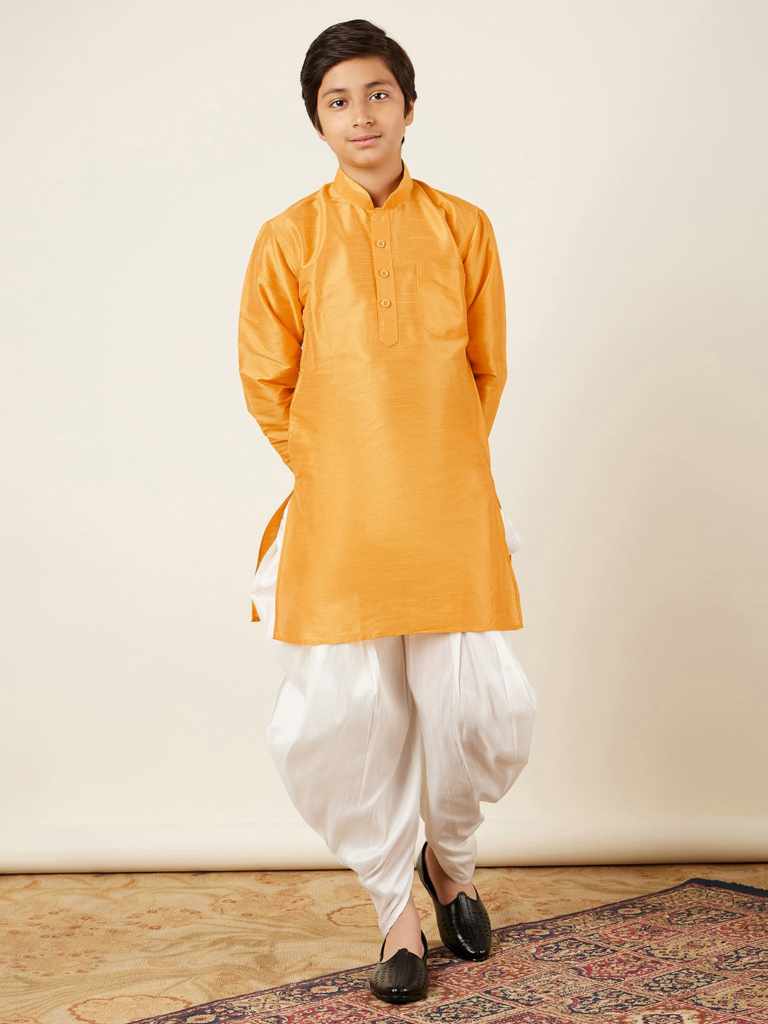Kids Ethnic Wear Boys Yellow Silk Blend Kurta Pyjama Set - AJ Dezines