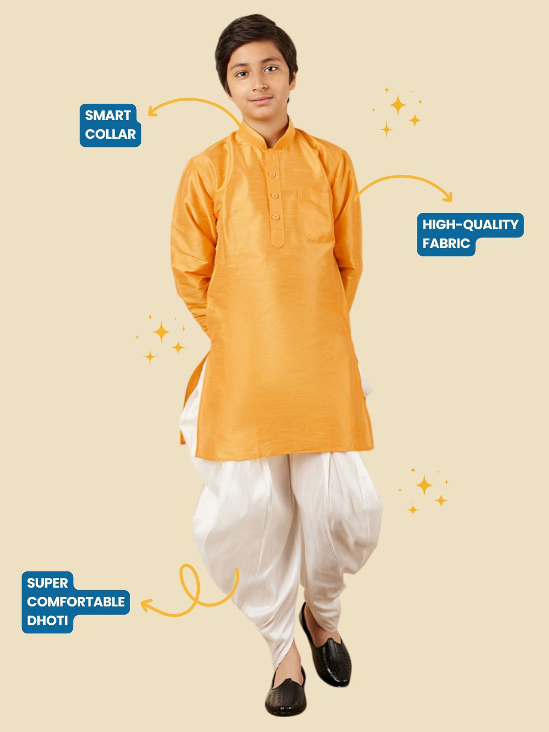Kids Ethnic Wear Boys Yellow Silk Blend Kurta Pyjama Set - AJ Dezines
