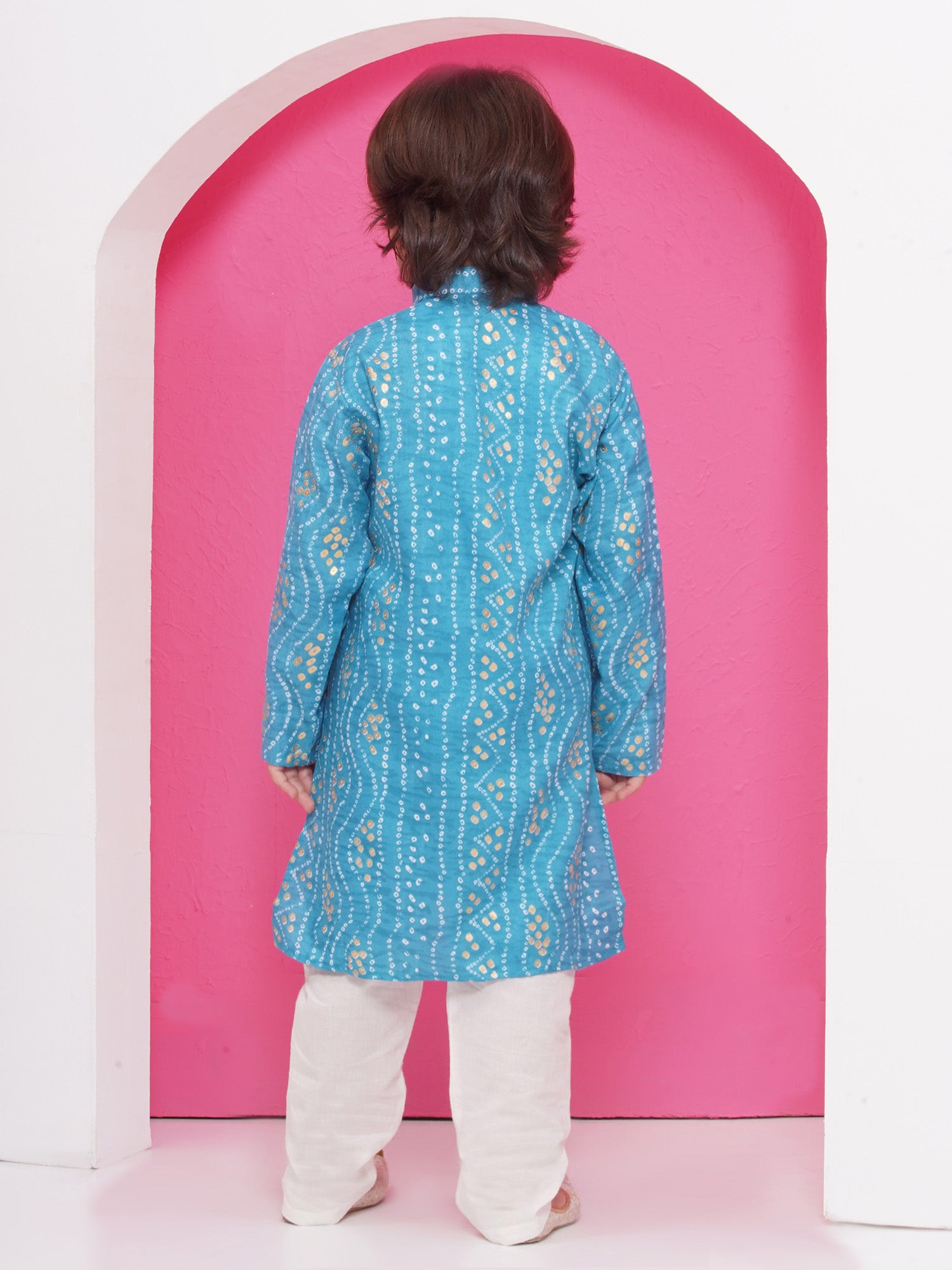 Kids Boys C-Blue Bandhani Print Cotton Kurta Pyjama Set - AJ Dezines