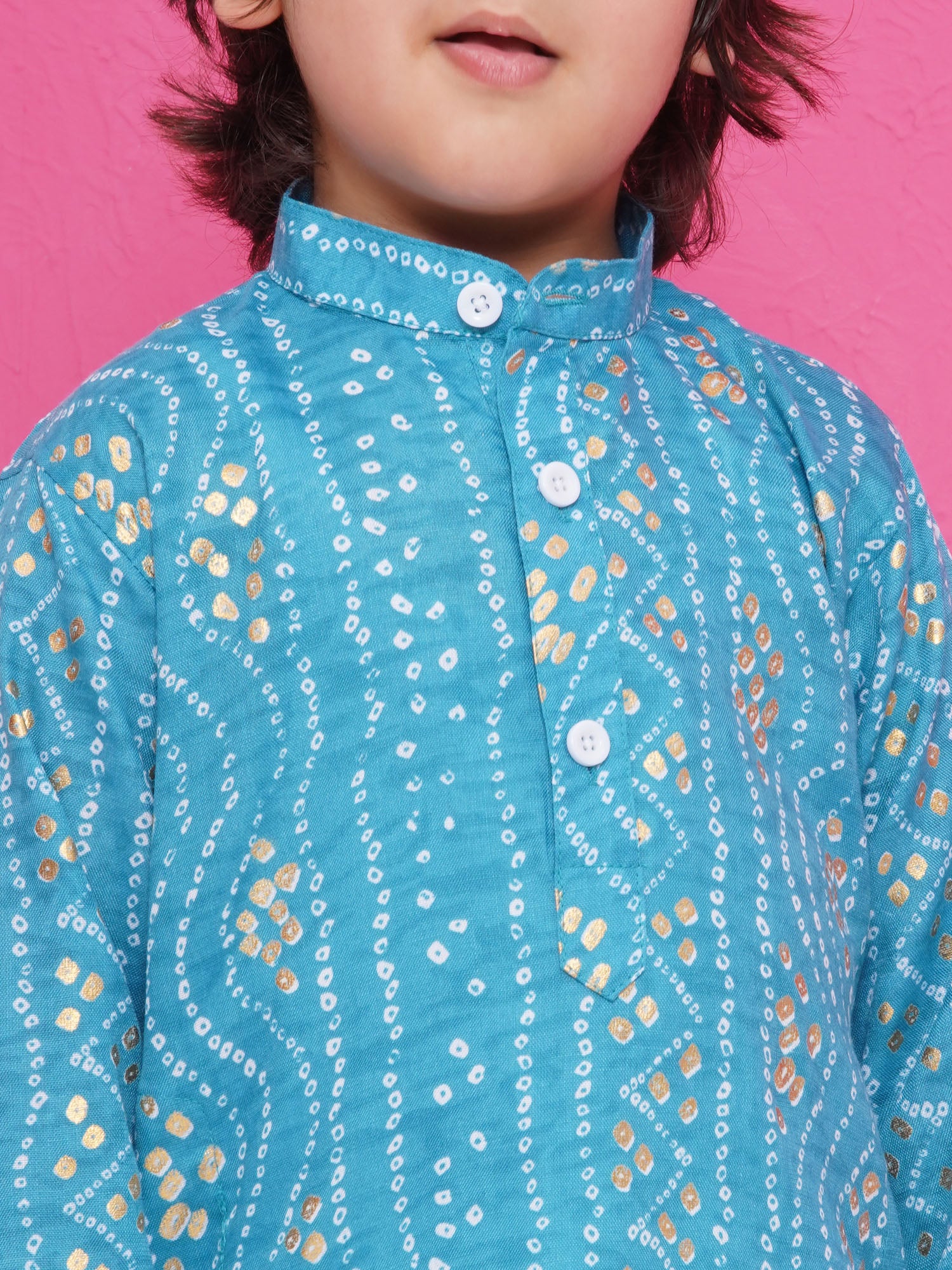 Kids Boys C-Blue Bandhani Print Cotton Kurta Pyjama Set - AJ Dezines