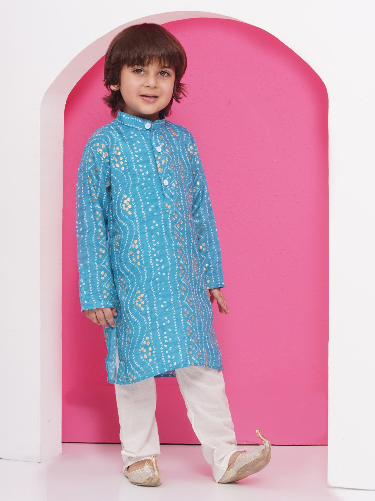 Kids Boys C-Blue Bandhani Print Cotton Kurta Pyjama Set - AJ Dezines
