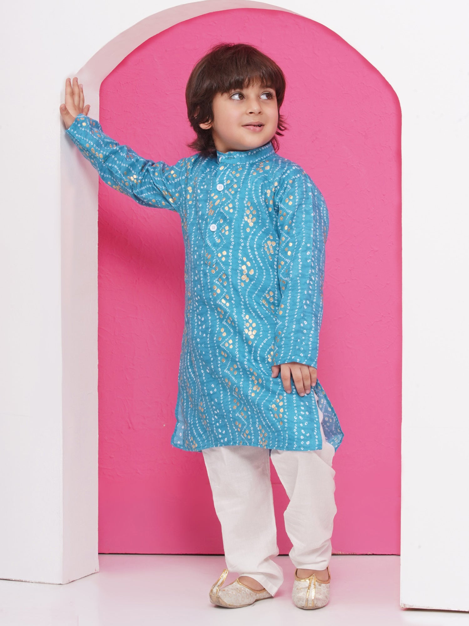 Kids Boys C-Blue Bandhani Print Cotton Kurta Pyjama Set - AJ Dezines