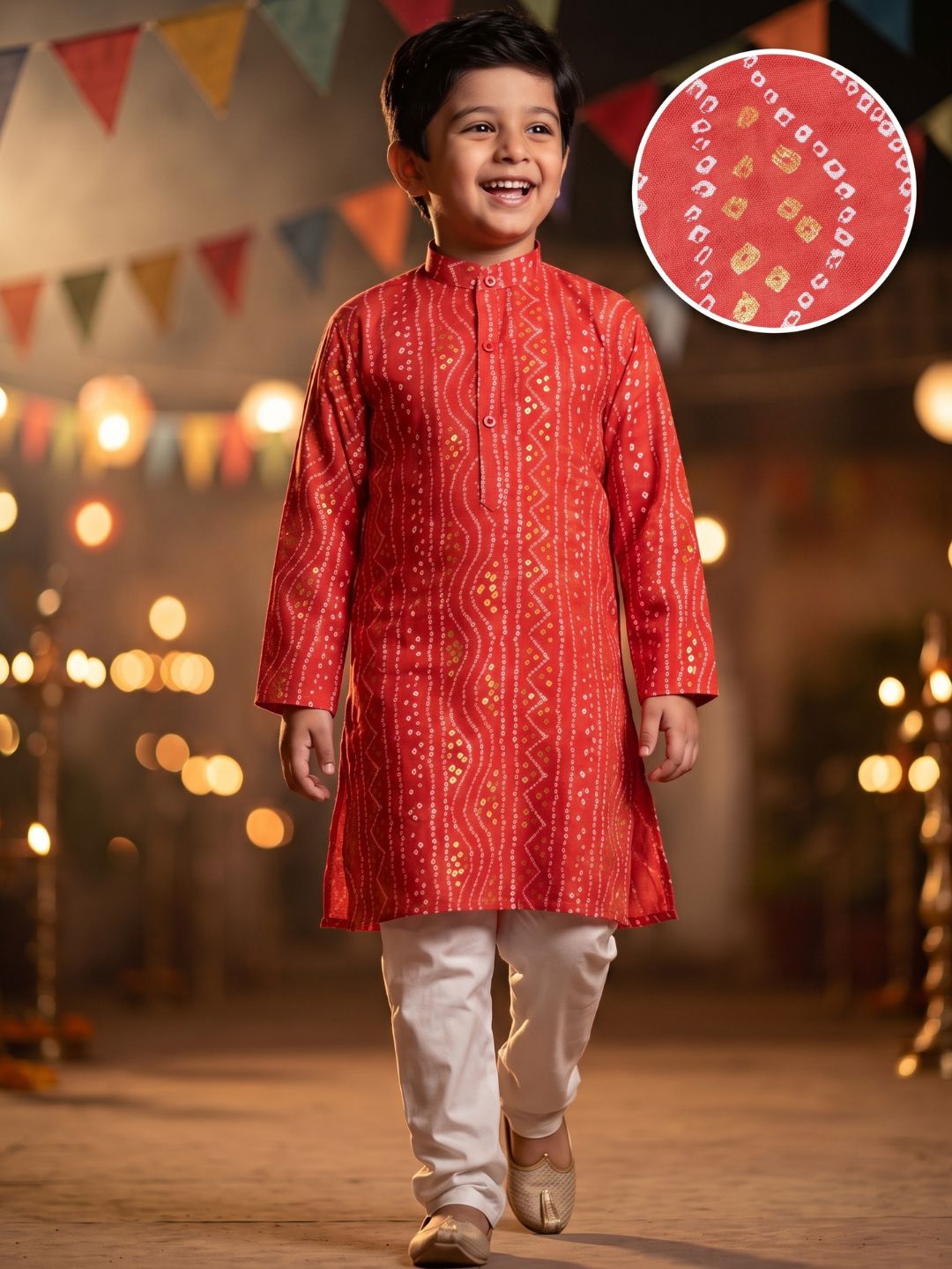 Kids Boys Maroon Bandhani Print Cotton Kurta Pyjama Set
