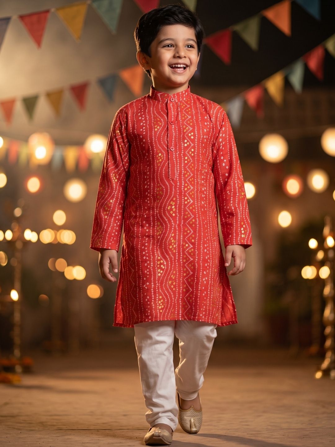 Kids Boys Maroon Bandhani Print Cotton Kurta Pyjama Set