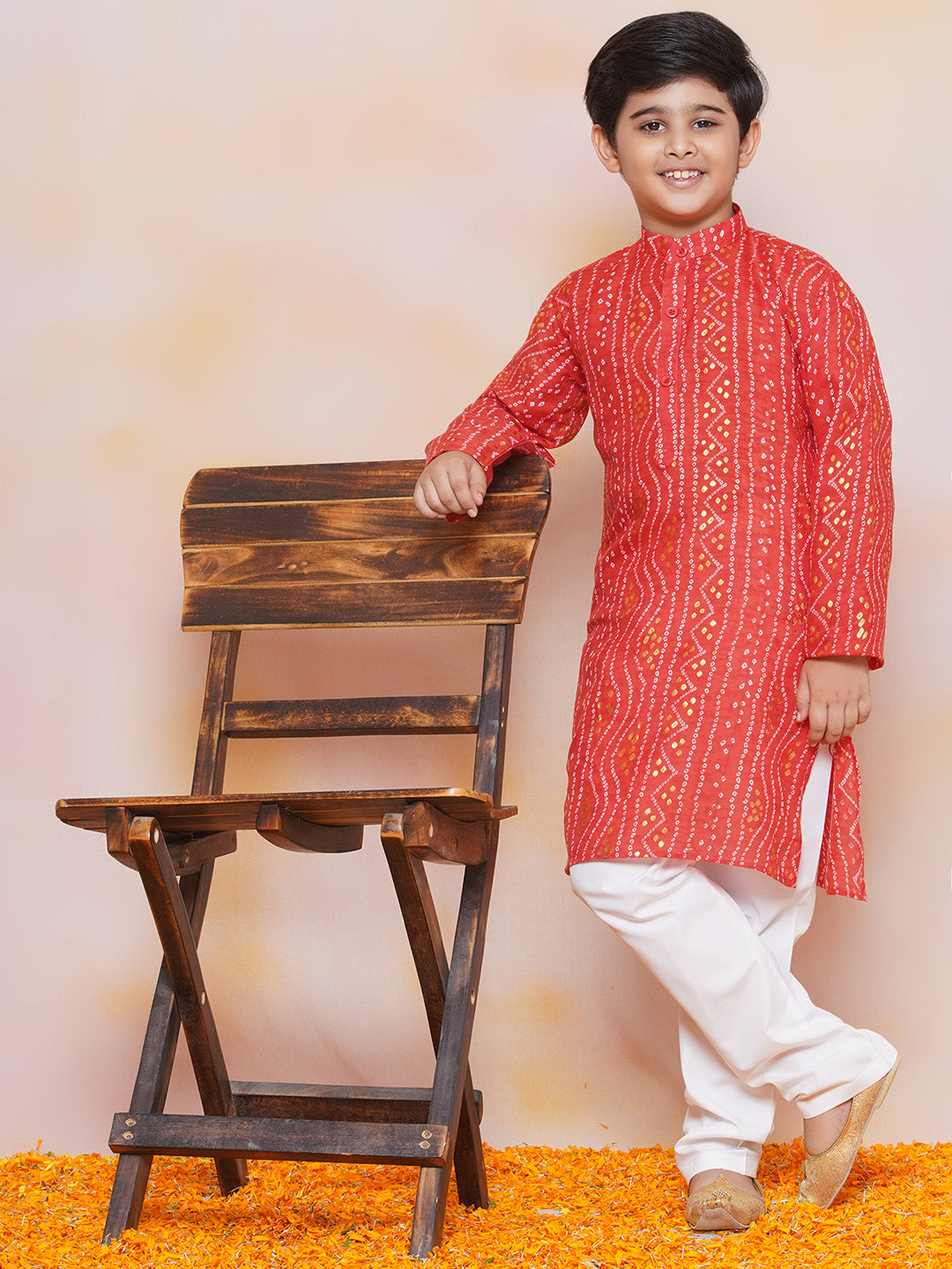 Kids Boys Maroon Bandhani Print Cotton Kurta Pyjama Set - AJ Dezines