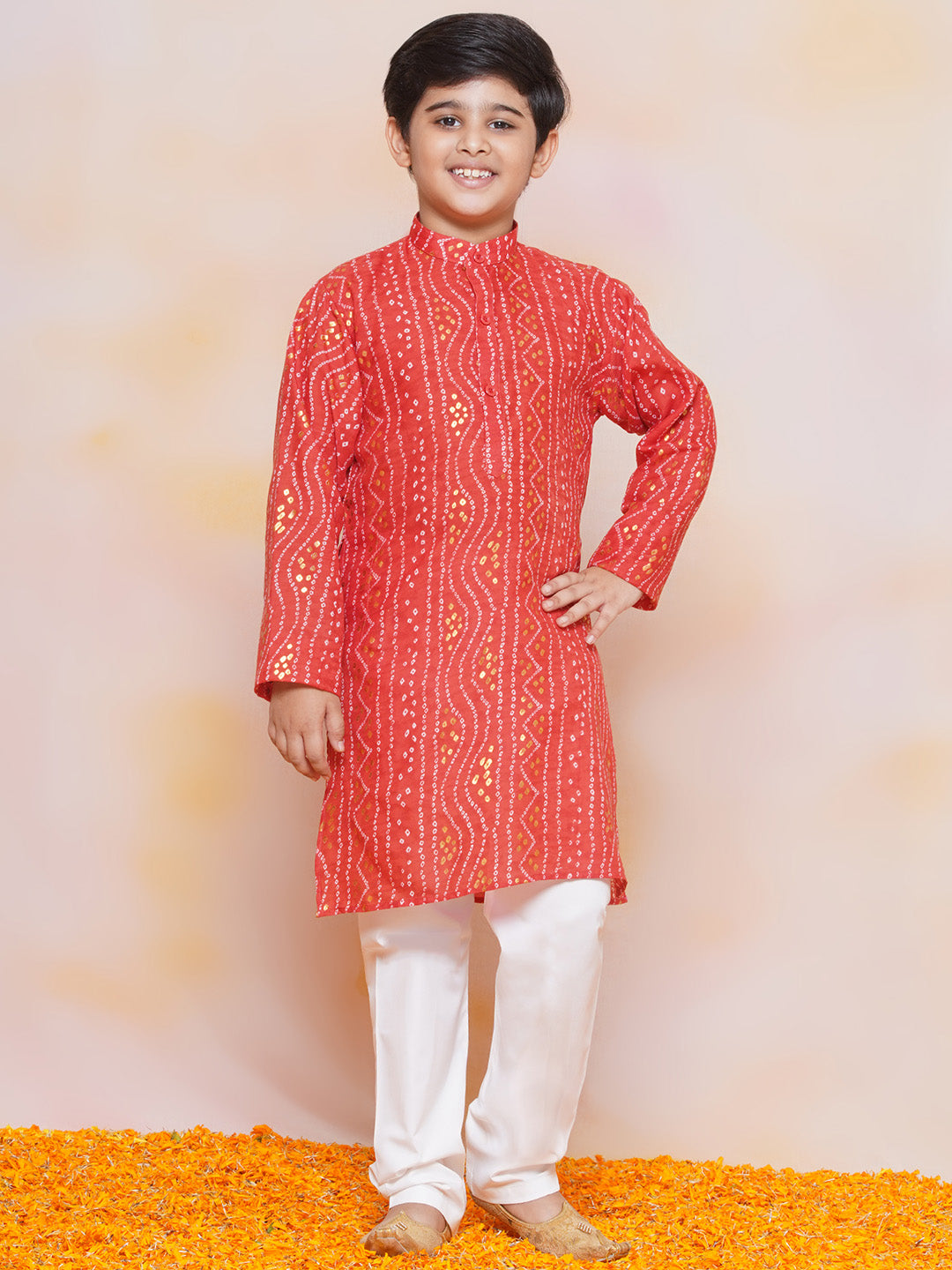 Kids Boys Maroon Bandhani Print Cotton Kurta Pyjama Set - AJ Dezines