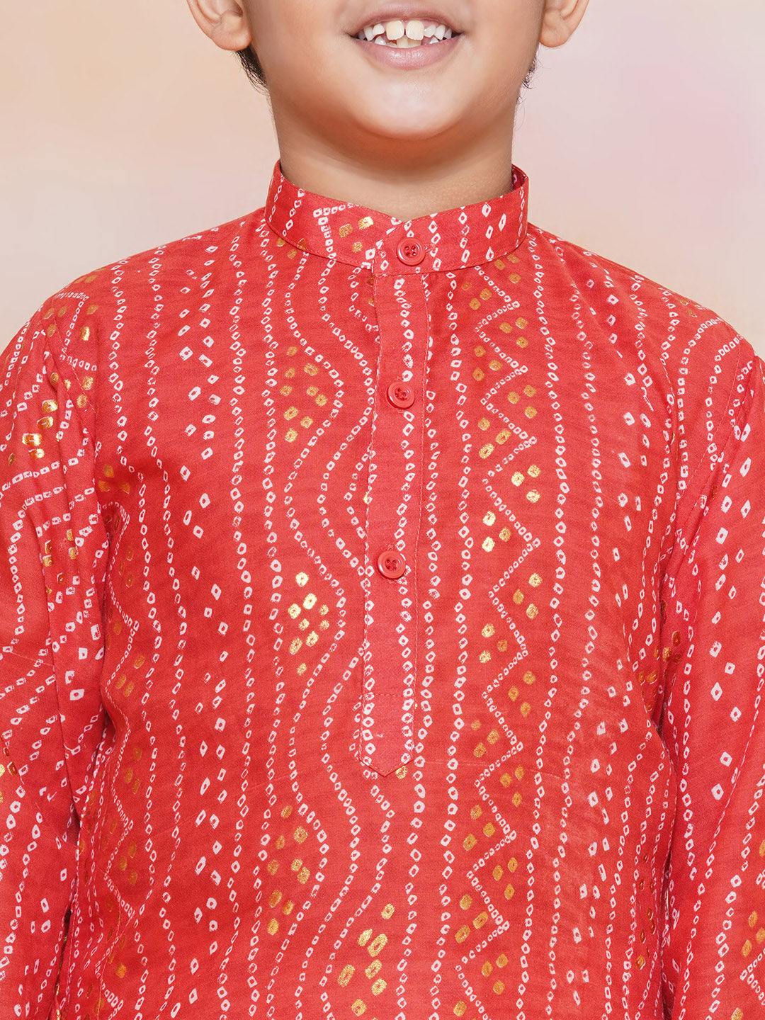 Kids Boys Maroon Bandhani Print Cotton Kurta Pyjama Set - AJ Dezines
