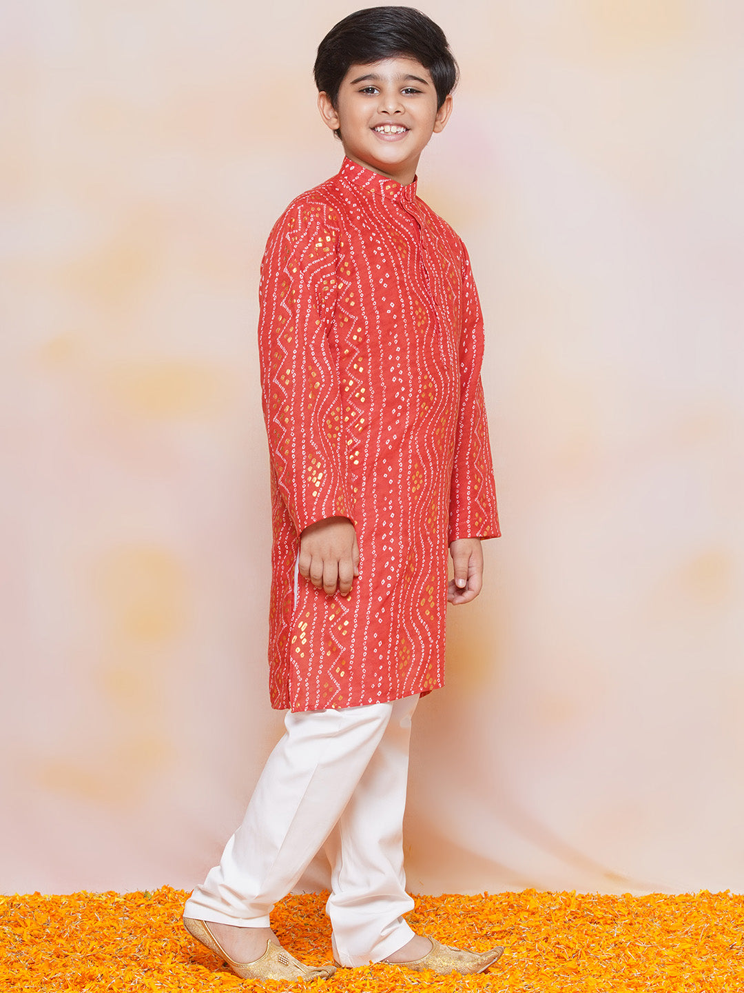 Kids Boys Maroon Bandhani Print Cotton Kurta Pyjama Set - AJ Dezines