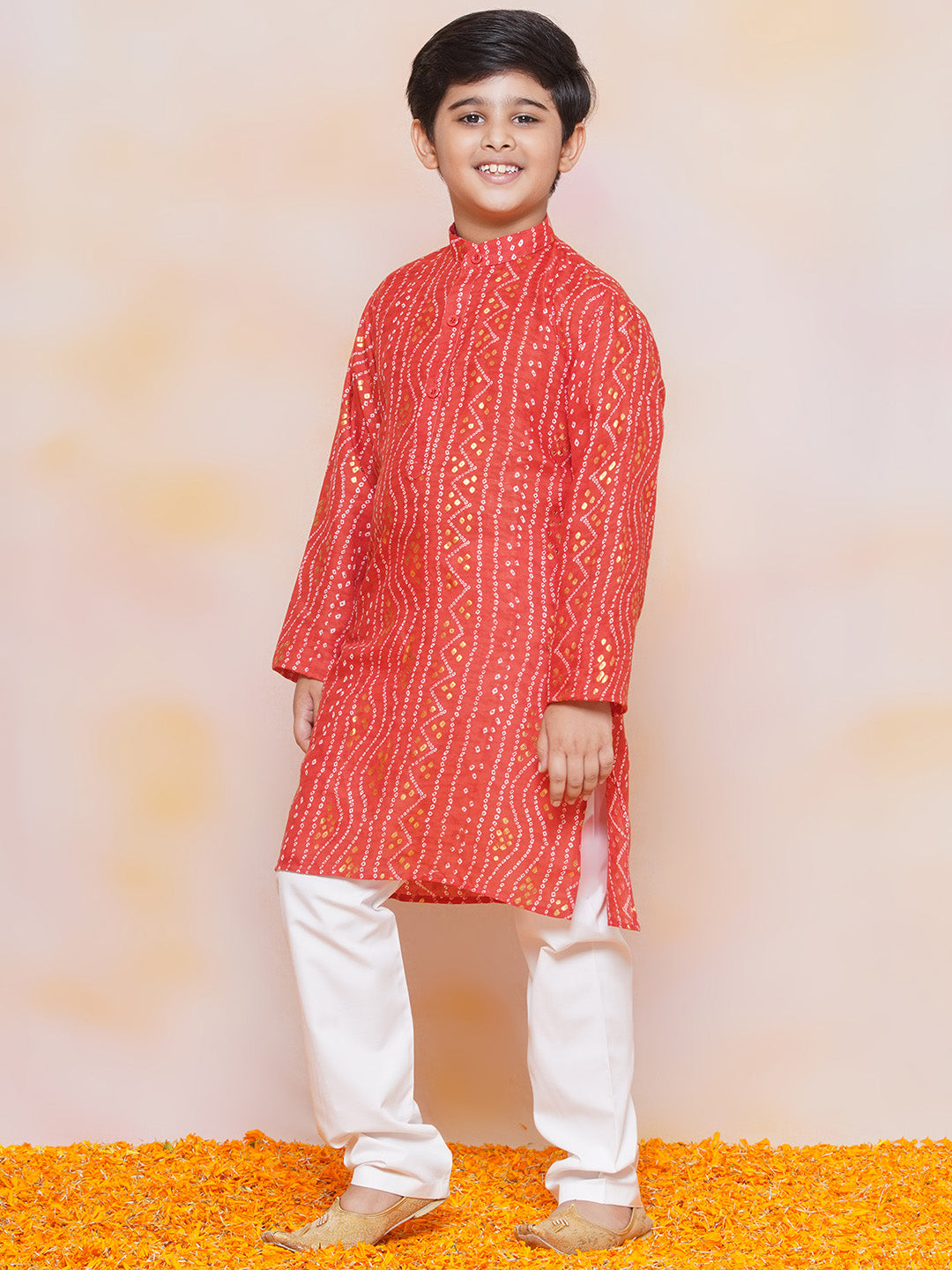 Kids Boys Maroon Bandhani Print Cotton Kurta Pyjama Set - AJ Dezines