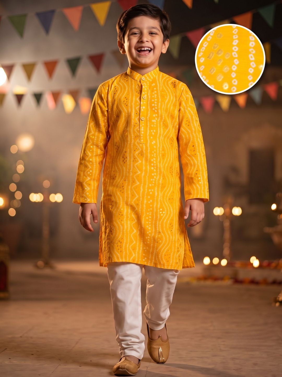 Kids Boys MUStard Bandhani Print Cotton Kurta Pyjama Set